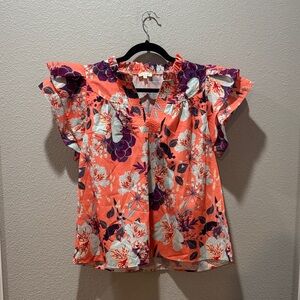 🧡💜 Jodifl Floral Ruffle Sleeve Top – Orange & Purple – Size S 💜🧡